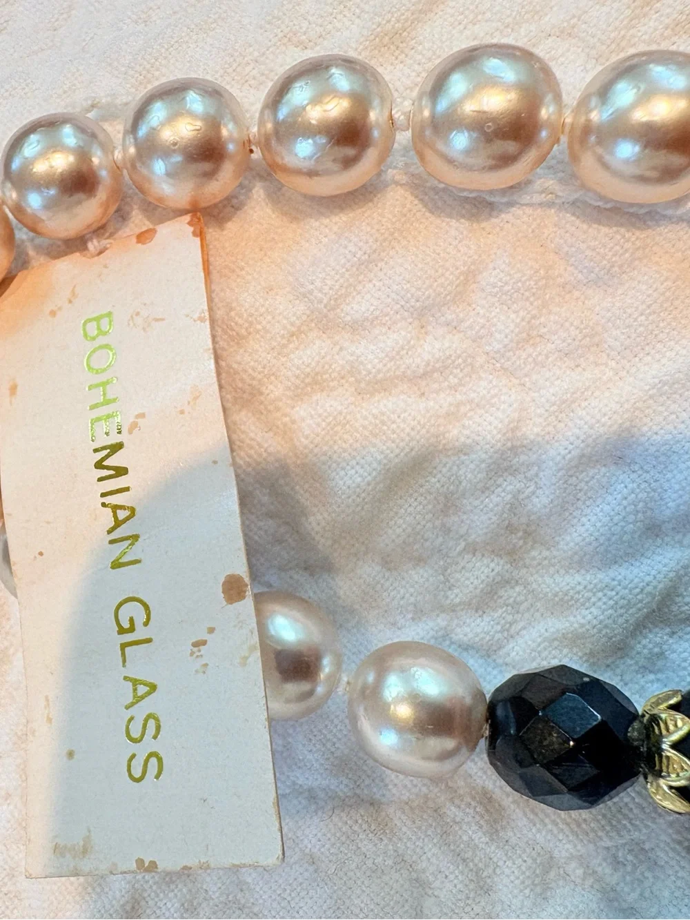Vintage Czech glass bead Pearl Black Faceted Bead Necklace 24” NWT